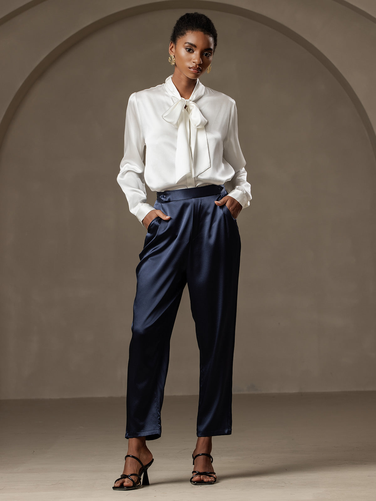 [Azul Oscuro] SilkSilky-ES 19Momme Seda Womens Pants 001