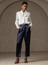 [Azul Oscuro] SilkSilky-ES 19Momme Seda Womens Pants 001