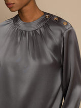 [Gris Oscuro] SilkSilky-ES 19Momme Manga larga Cuello Redondo Blusa 006