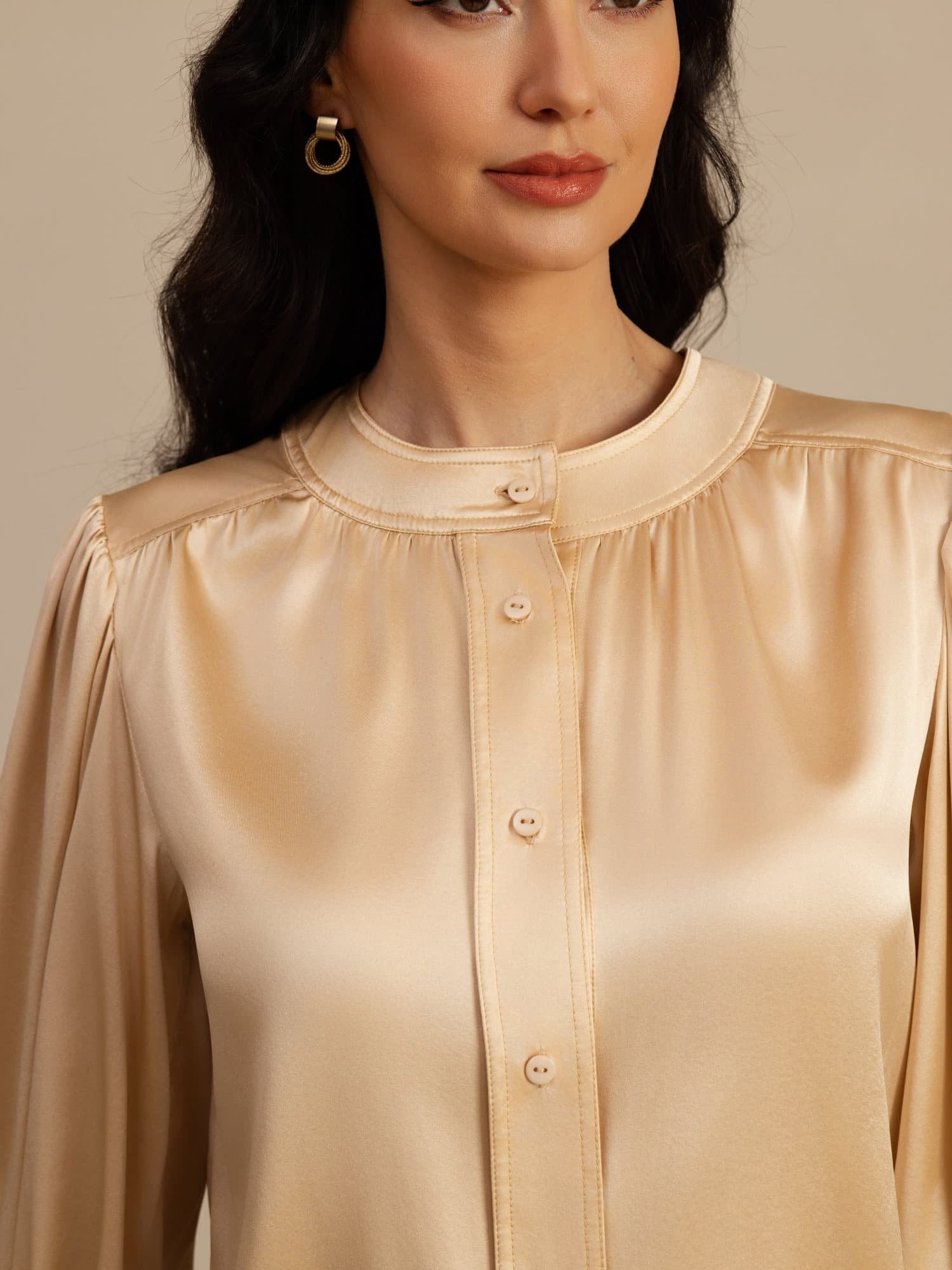 [Champán] SilkSilky-ES 19Momme Long Sleeve Round Neck Blusa 005