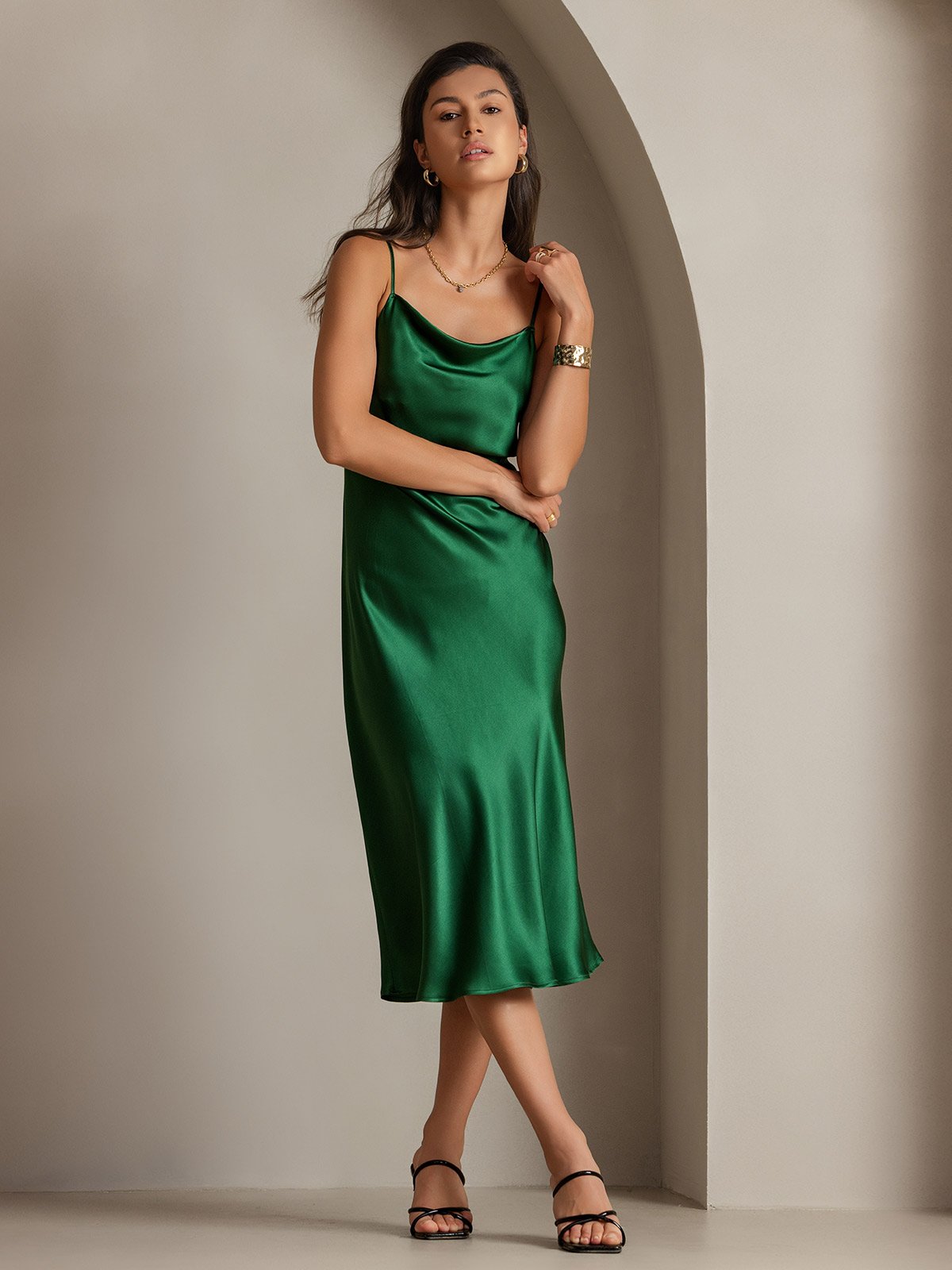 SilkSilky ES Seda Pura Sin mangas Escote Caído Vestido Verde 004