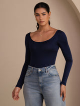 [Azul Oscuro] SilkSilky-ES Long Sleeve Cuello en U Camisetas de Mujer 001