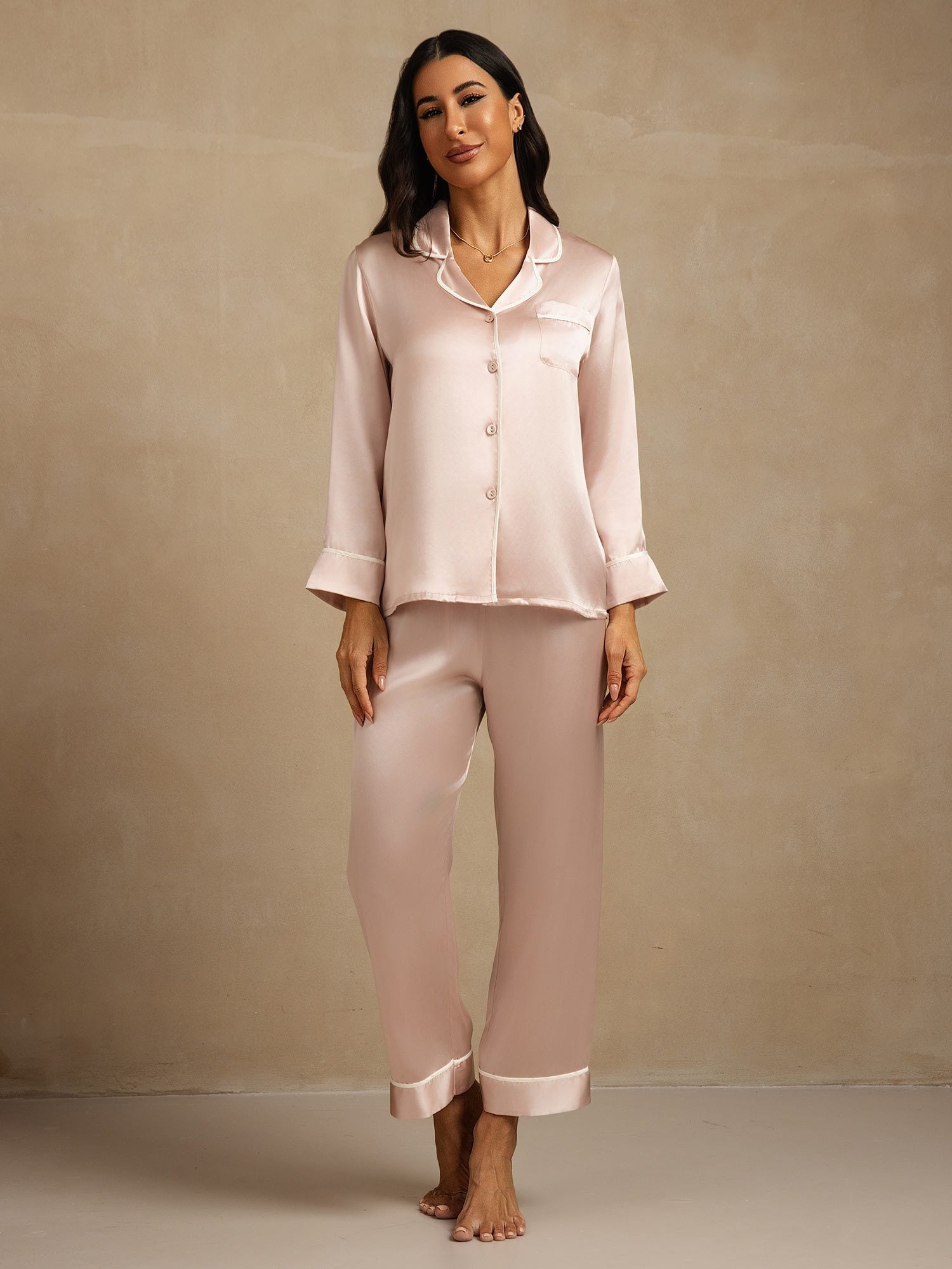 [Rosa] SilkSilky-ES Seda Pura Cuello Camisero Pijamas de mujer 007