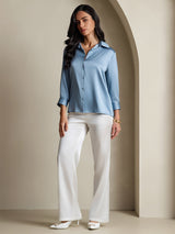[Azul Grisáceo] SilkSilky-ES 3/4 Sleeve Lapel Collar Blusas de Mujer 005