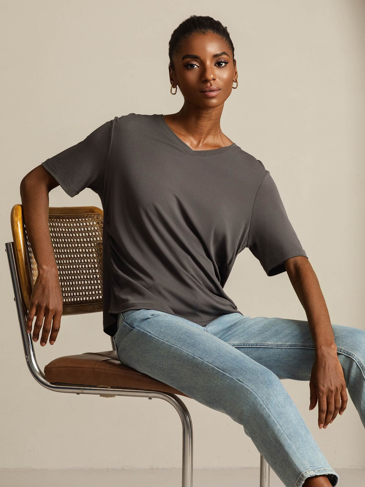 [Gris] SilkSilky-ES Seda Pura Cuello en V Camisetas de Mujer 007