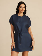 [Azul Oscuro] SilkSilky-ES 18Momme Manga Casquillo Cuello Henley Vestido 001