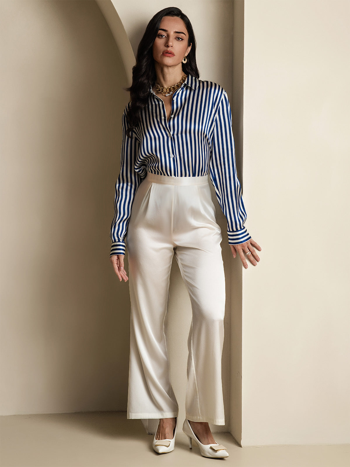 [Azul] SilkSilky-ES Seda Lapel Collar Blusas de Mujer 007