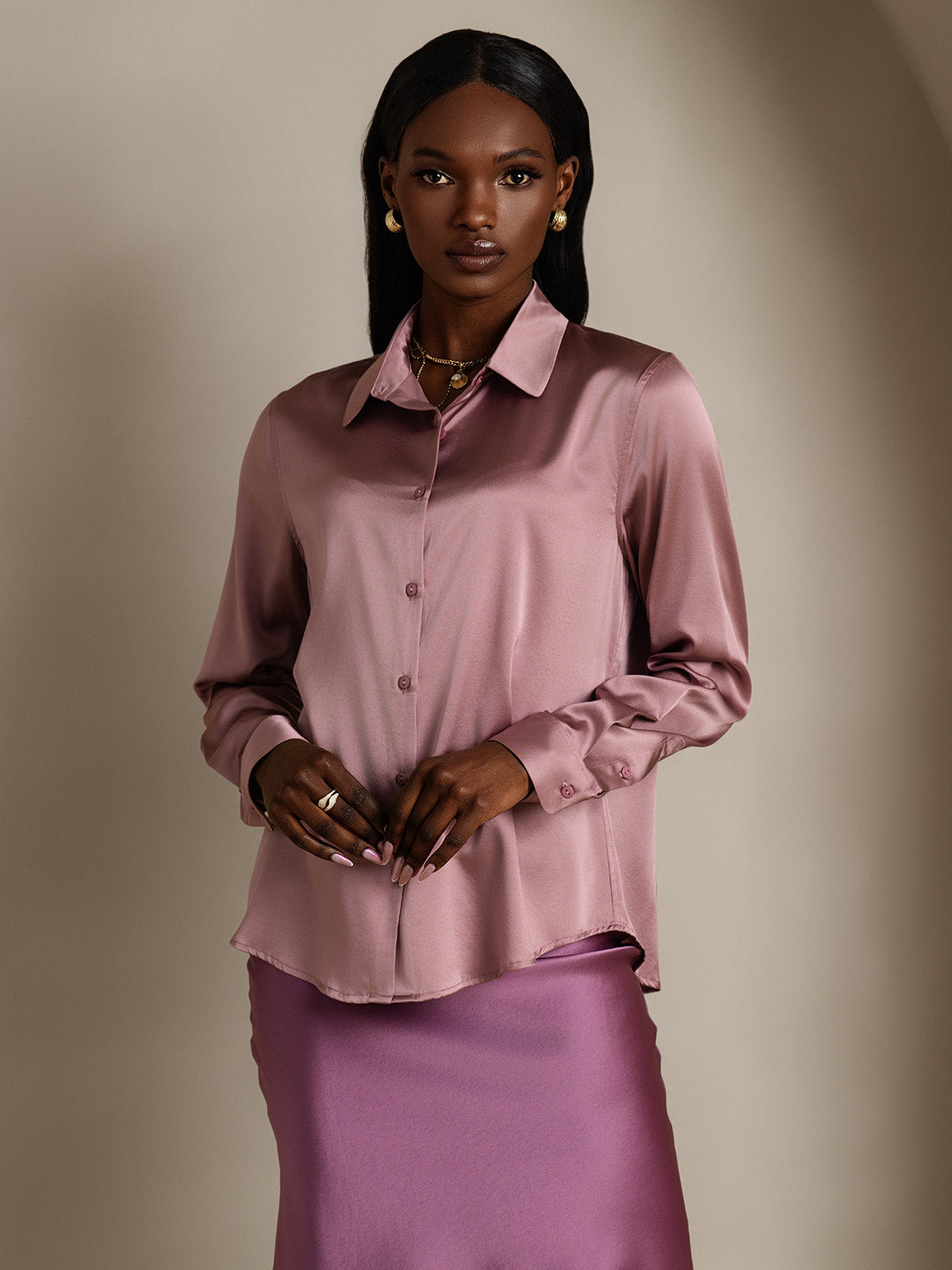[Malva Pálido] SilkSilky-ES Seda Lapel Collar Blusas de Mujer 005