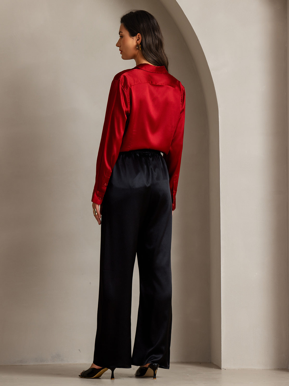 [Rojo] SilkSilky-ES Seda Lapel Collar Blusas de Mujer 002