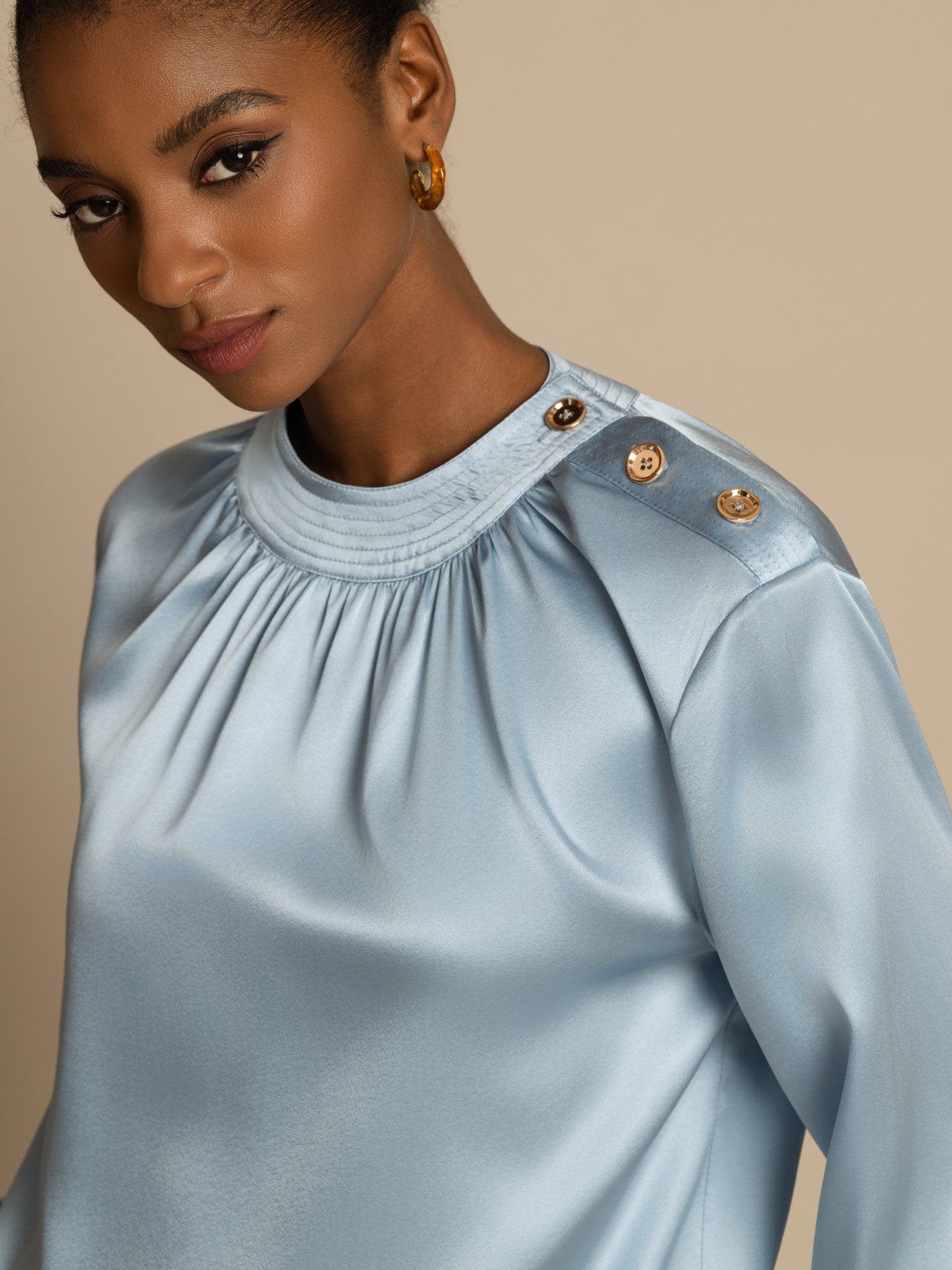 [AzulGrisáceo] SilkSilky-ES 19Momme Seda Manga larga Cuello Redondo Blusa 006