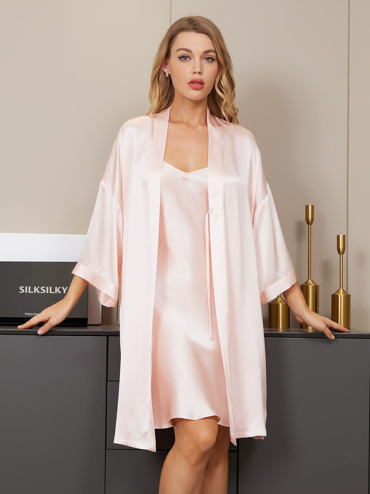 [Rosa Claro] SilkSilky-ES Seda Pura Cuello en V Conjunto de camisón y bata 004
