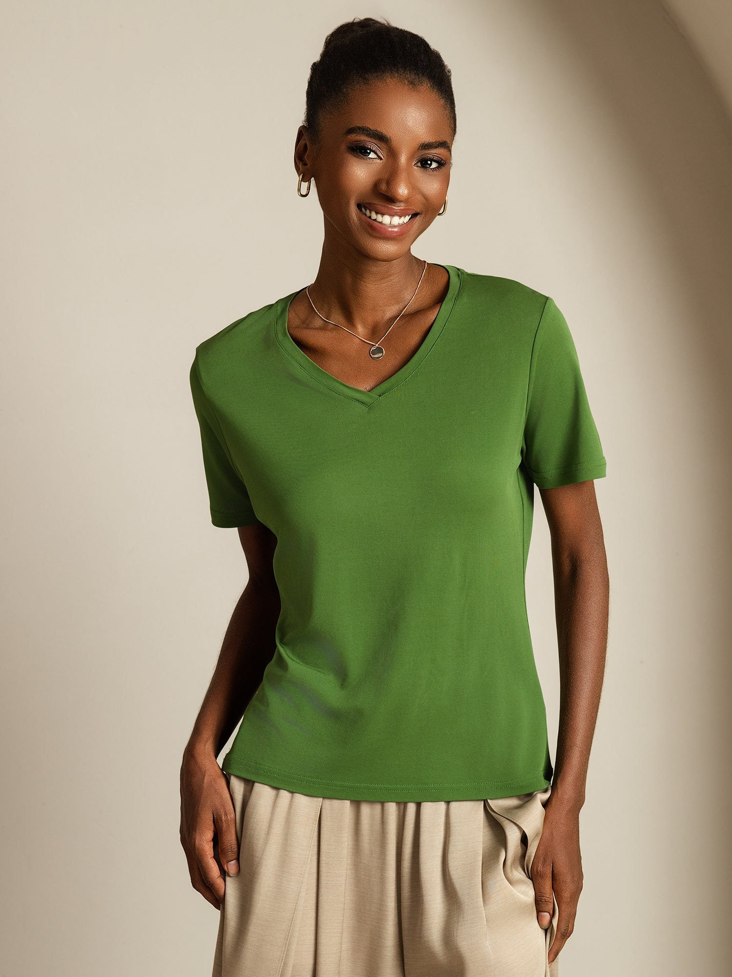 [Verde] SilkSilky-ES Seda Pura Cuello en V Camisetas de Mujer 003