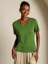 [Verde] SilkSilky-ES Short Sleeve V Neck Camisetas de Mujer 003