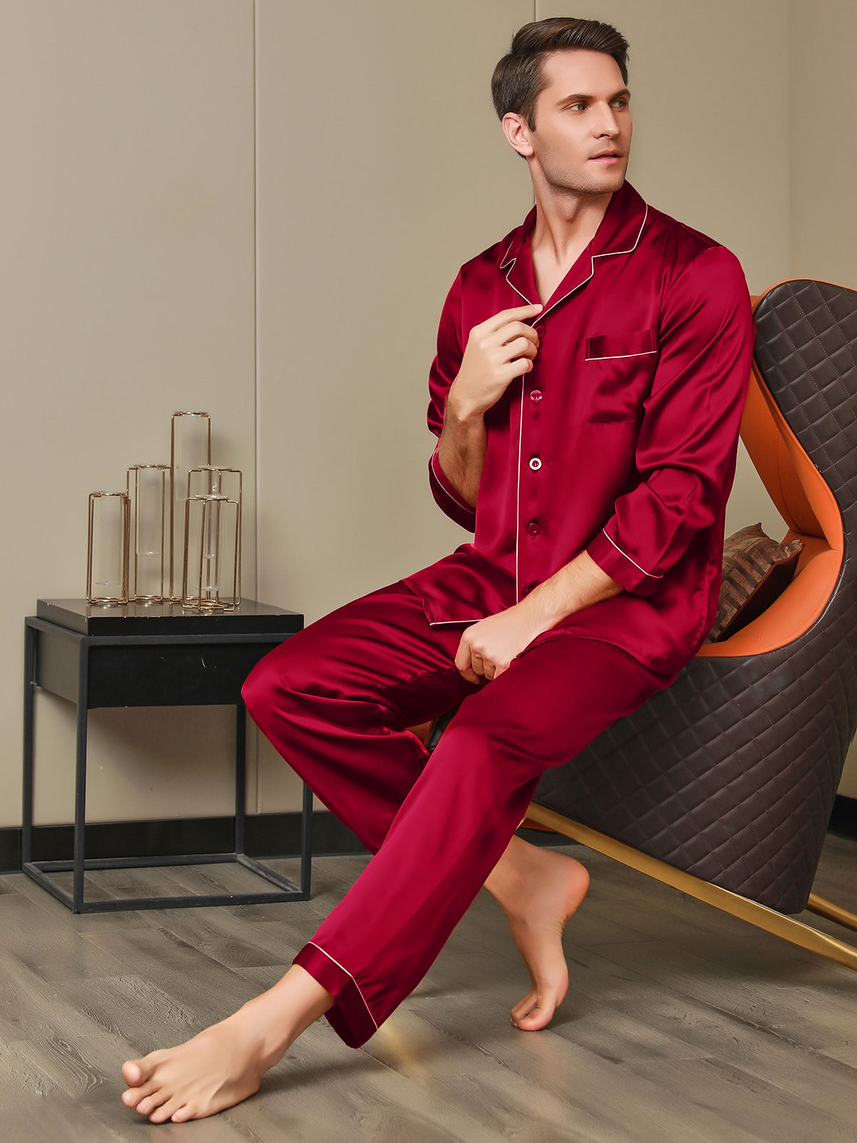 [Rojo] SilkSilky-ES 19Momme Seda Pura Mens Pajamas 006