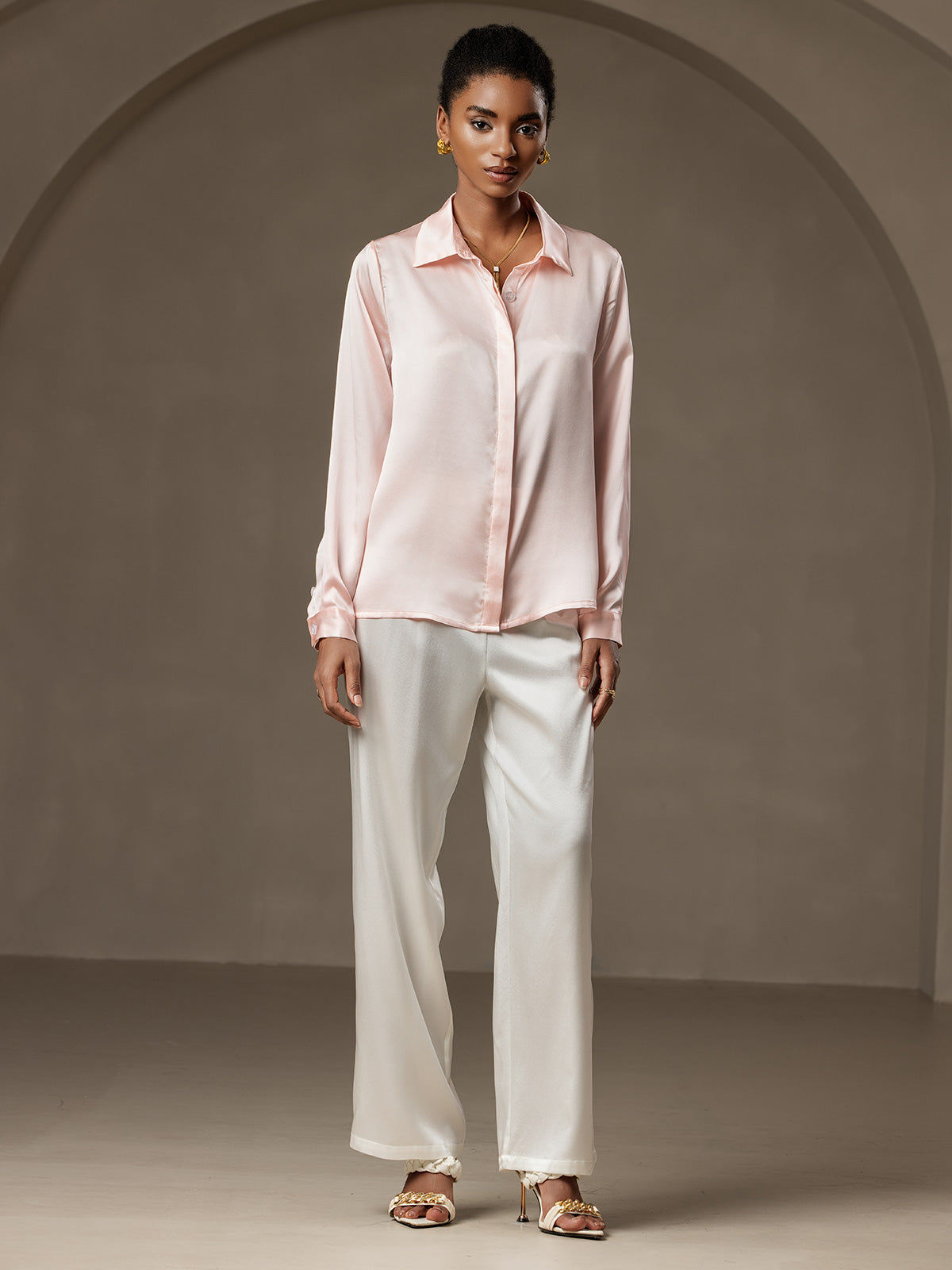 [Rosa] SilkSilky-ES 19Momme Seda Cuello Camisero Blusas de Mujer 007