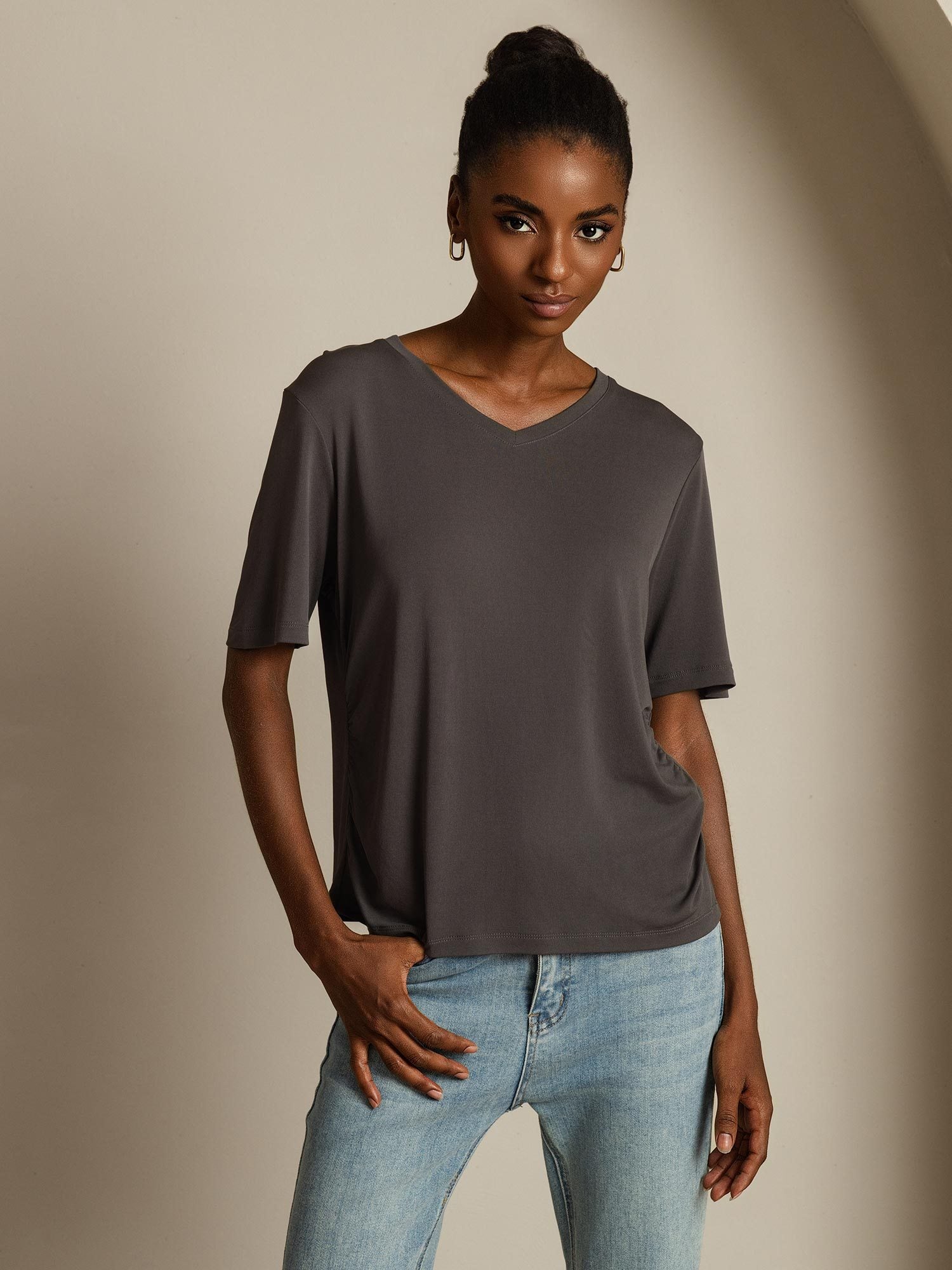 [Gris] SilkSilky-ES Seda Pura Cuello en V Camisetas de Mujer 008