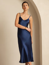 [Azul Oscuro] SilkSilky-ES Spaghetti Strap V Neck Vestido 006