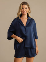 [Azul Oscuro] SilkSilky-ES 19Momme A metà Cuello de Muesca Pijamas de mujer 004