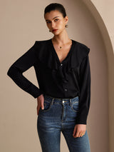 [Negro] SilkSilky-ES Long Sleeve Deep V Neck Blusas 004