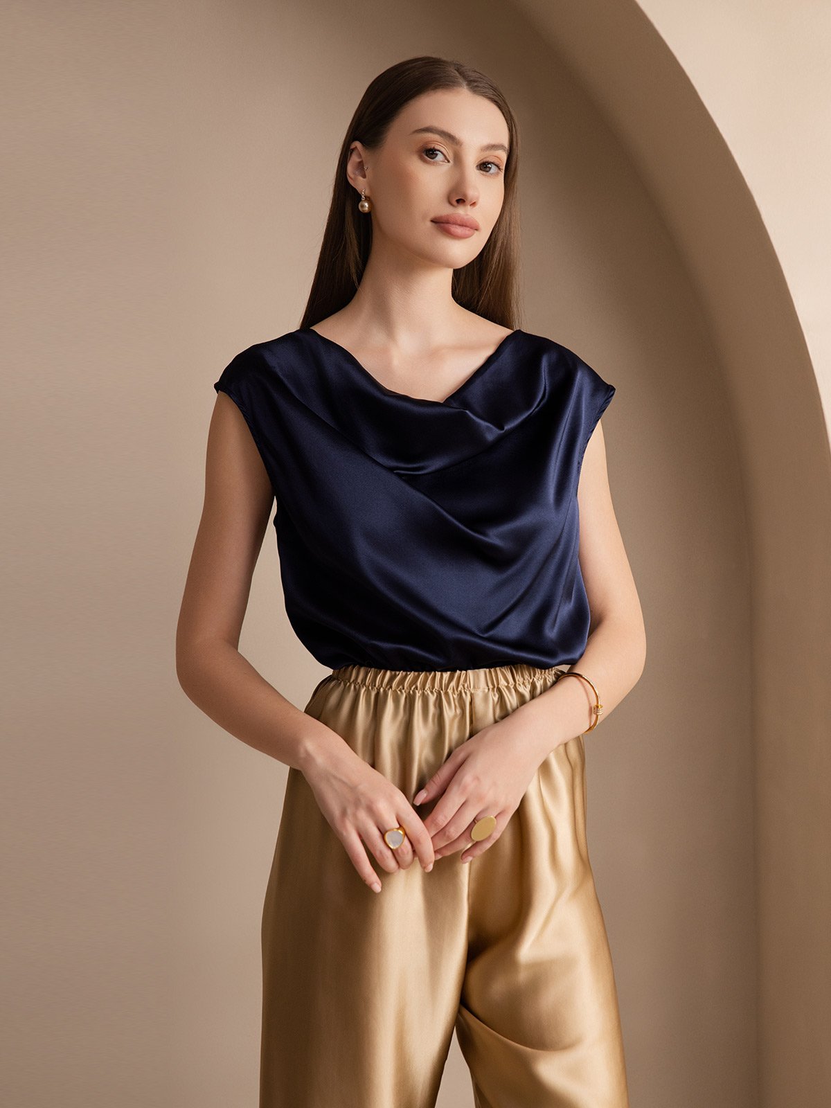 [Azul Oscuro] SilkSilky-ES 19Momme Seda Escote Caído Camisetas de Mujer 003