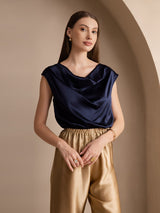 [Azul Oscuro] SilkSilky-ES Cap Sleeve Cowl Neck Camisetas de Mujer 003