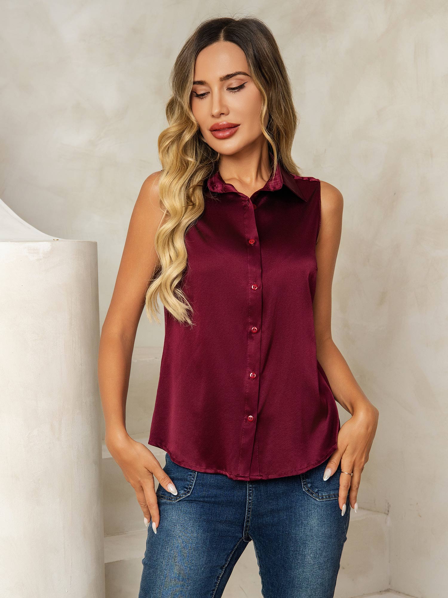 [Rojo Oscuro] SilkSilky-ES 19Momme Seda Lapel Collar Blusas de Mujer 005