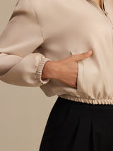 [MarrónClaro+Rosa] SilkSilky-ES 18Momme Manga larga Cuello Alto Chaqueta de mujer 006