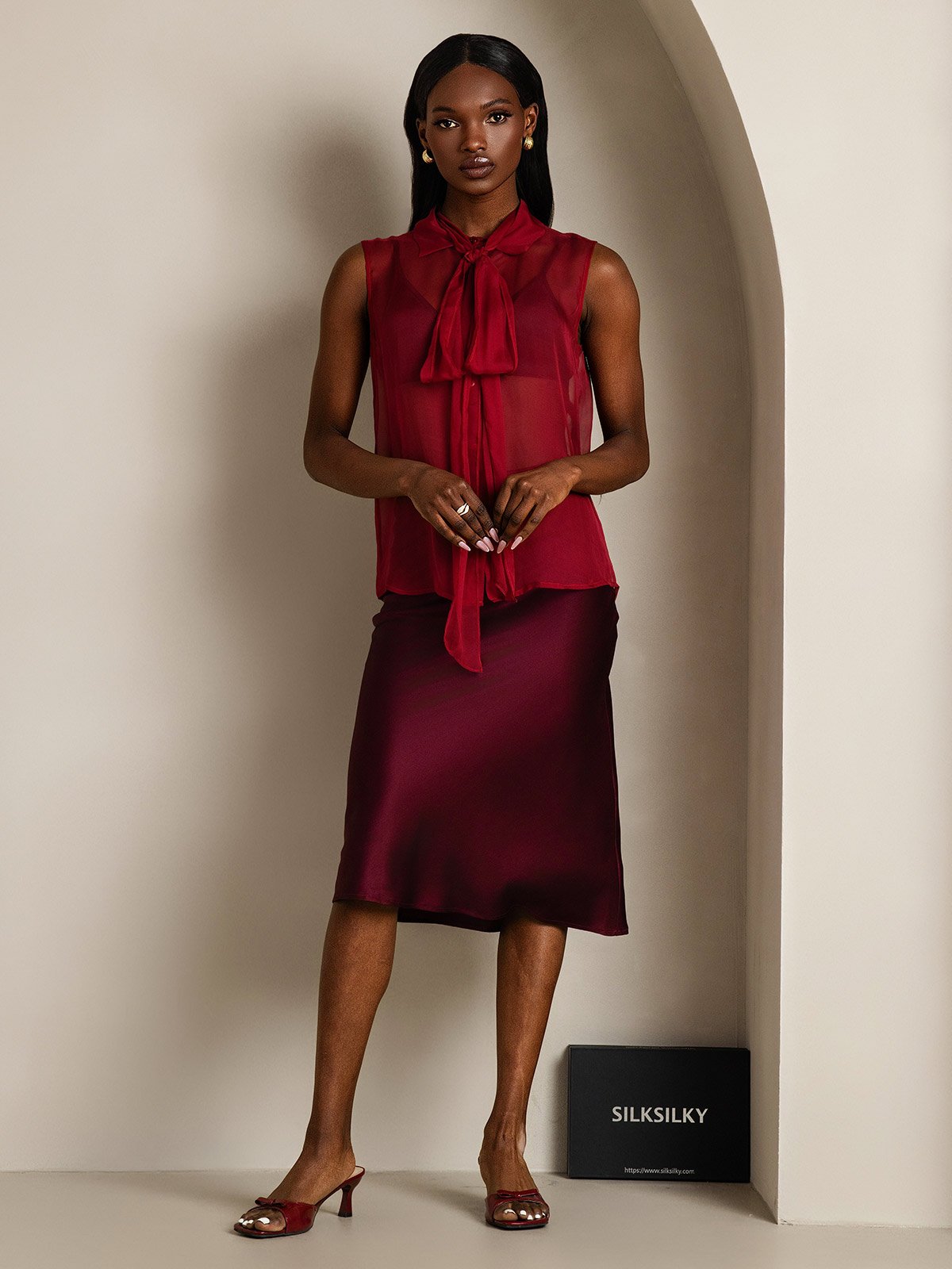 SilkSilky-ES Seda Pura Sin mangas Corbata Blusas de Mujer Vino 007