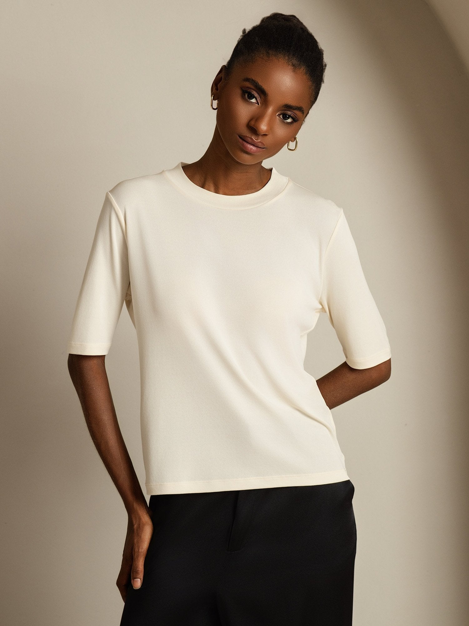 [Beige] SilkSilky-ES Seda Pura Womens T-Shirt 005