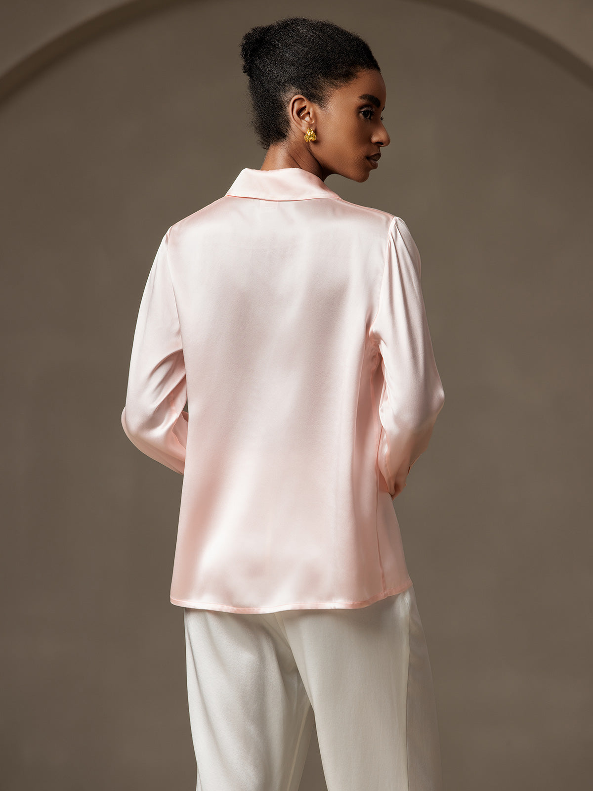 [Rosa] SilkSilky-ES 19Momme Seda Lapel Collar Blusas de Mujer 002