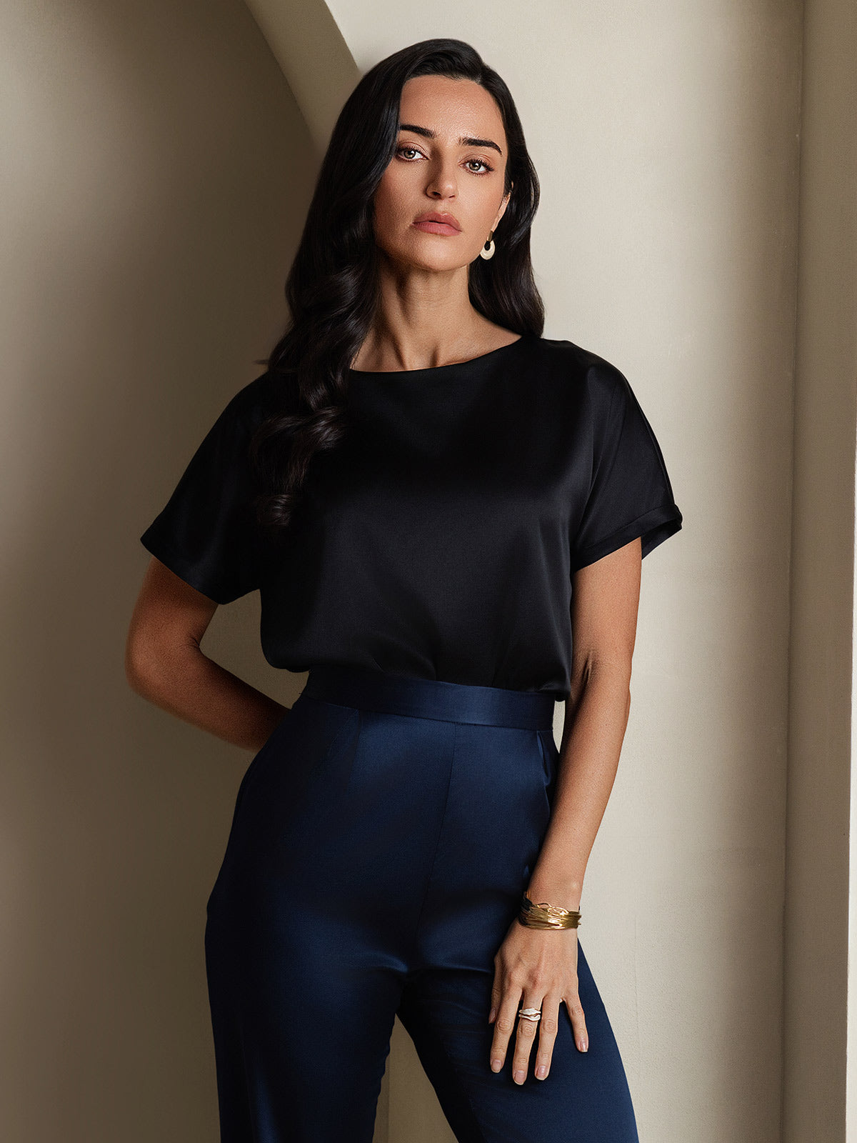 [Negro] SilkSilky-ES 19Momme Manga corta Cuello Barco Camisetas de Mujer 004