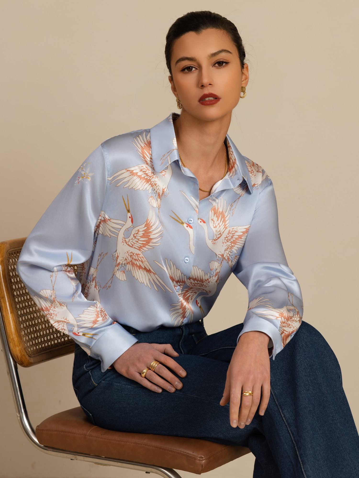 [Azul Claro] SilkSilky-ES 19Momme Manga larga Cuello con Solapa Blusas de Mujer 001