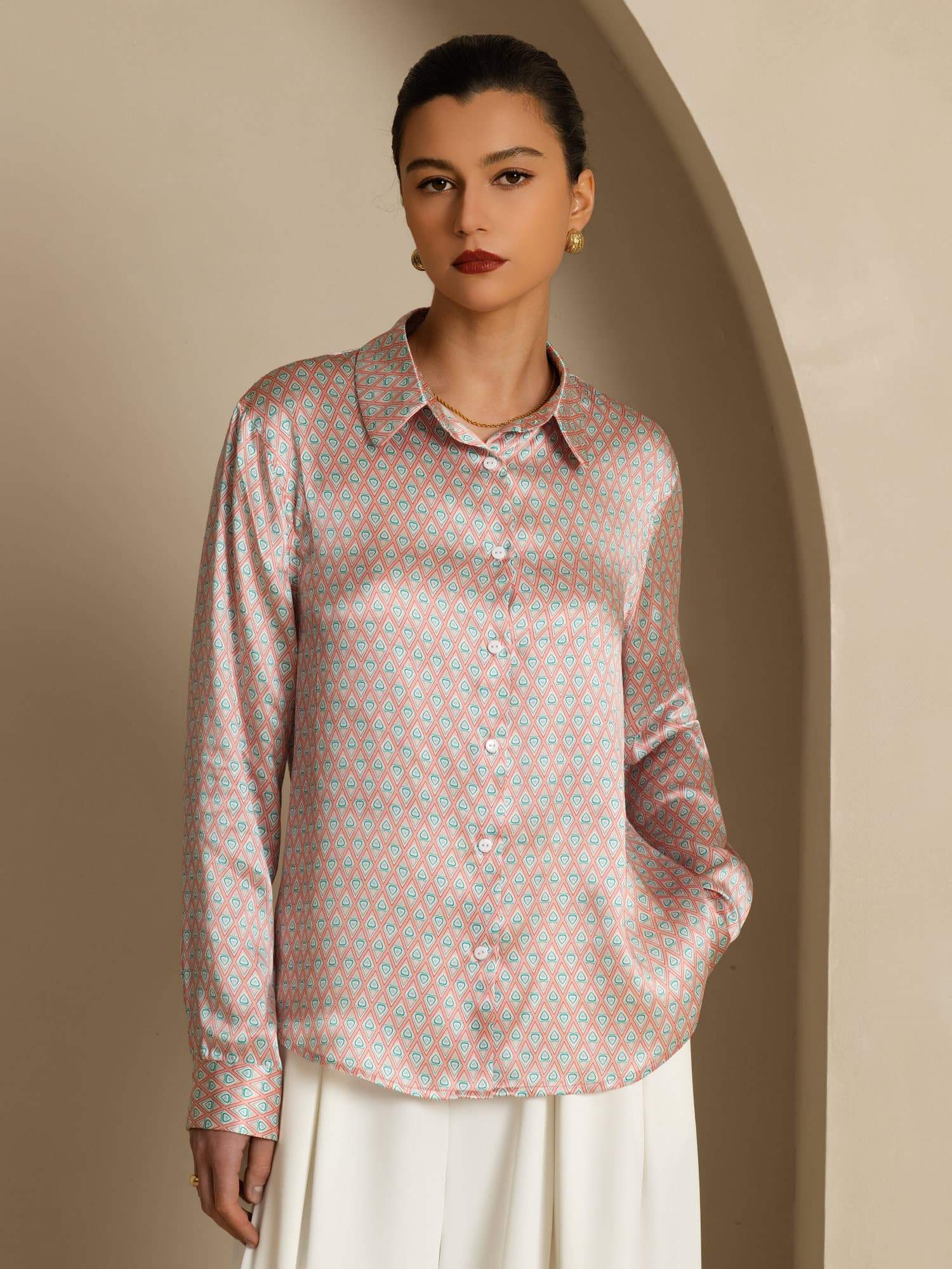 [Rosa Corazón Geo] SilkSilky-ES Manga larga Cuello con Solapa Blusas de Mujer 002