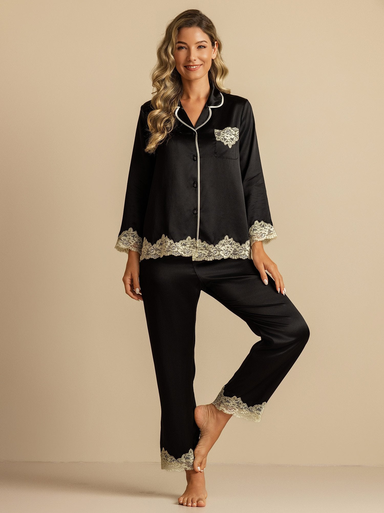 [Negro] SilkSilky-ES Seda Pura Womens Pajamas 001