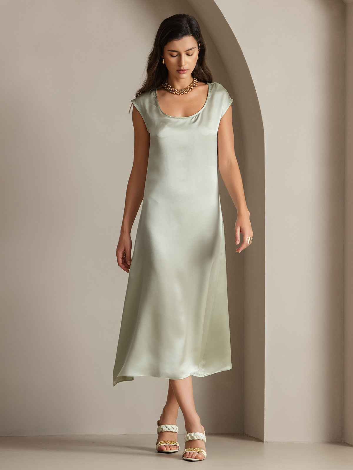 [Verde Claro] SilkSilky-ES 19Momme Seda Dress 002