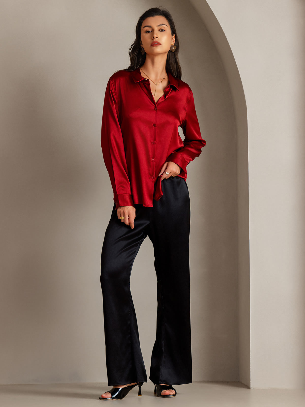 [Rojo] SilkSilky-ES Seda Lapel Collar Blusas de Mujer 004