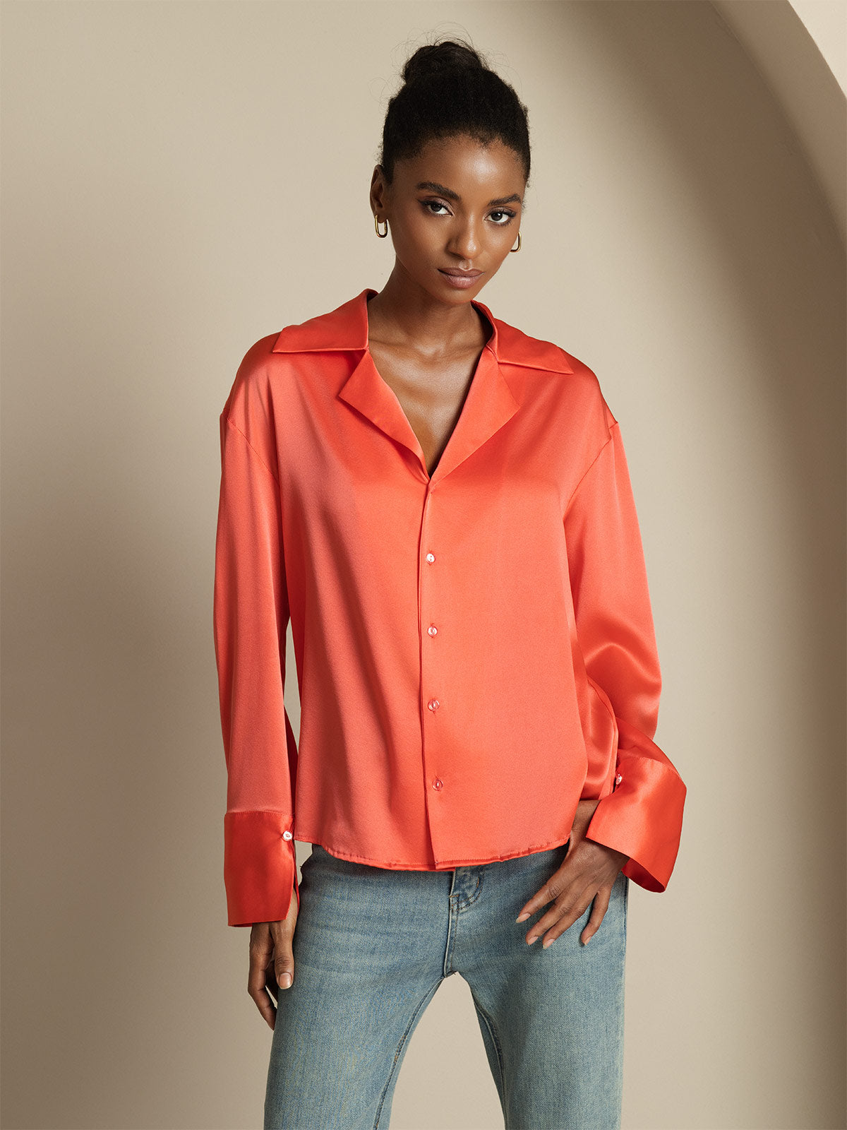 [Rojo Imperial] SilkSilky-ES 19Momme Seda Womens Shirt 005