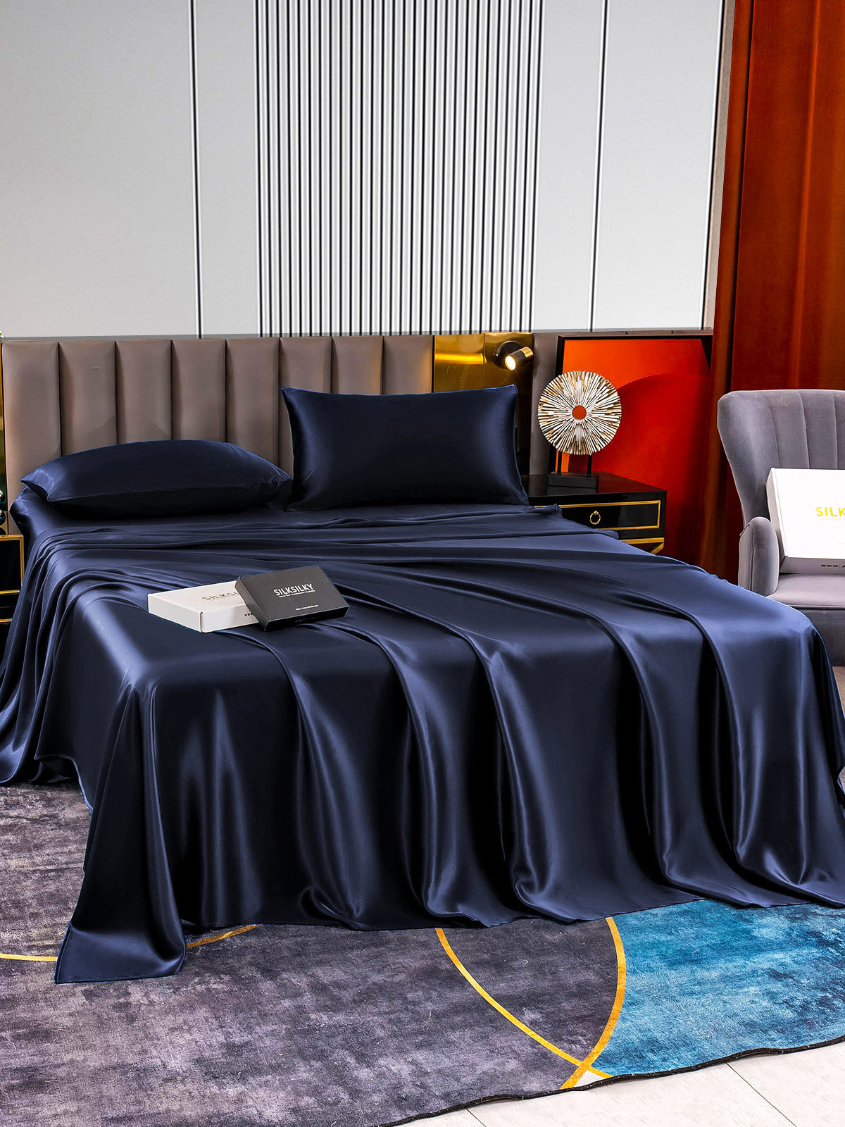 [Azul Oscuro] SilkSilky-ES 22Momme Seda Pura Bedding Set 005
