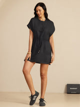 [Negro] SilkSilky-ES 18Momme Manga Casquillo Cuello Henley Vestido 006