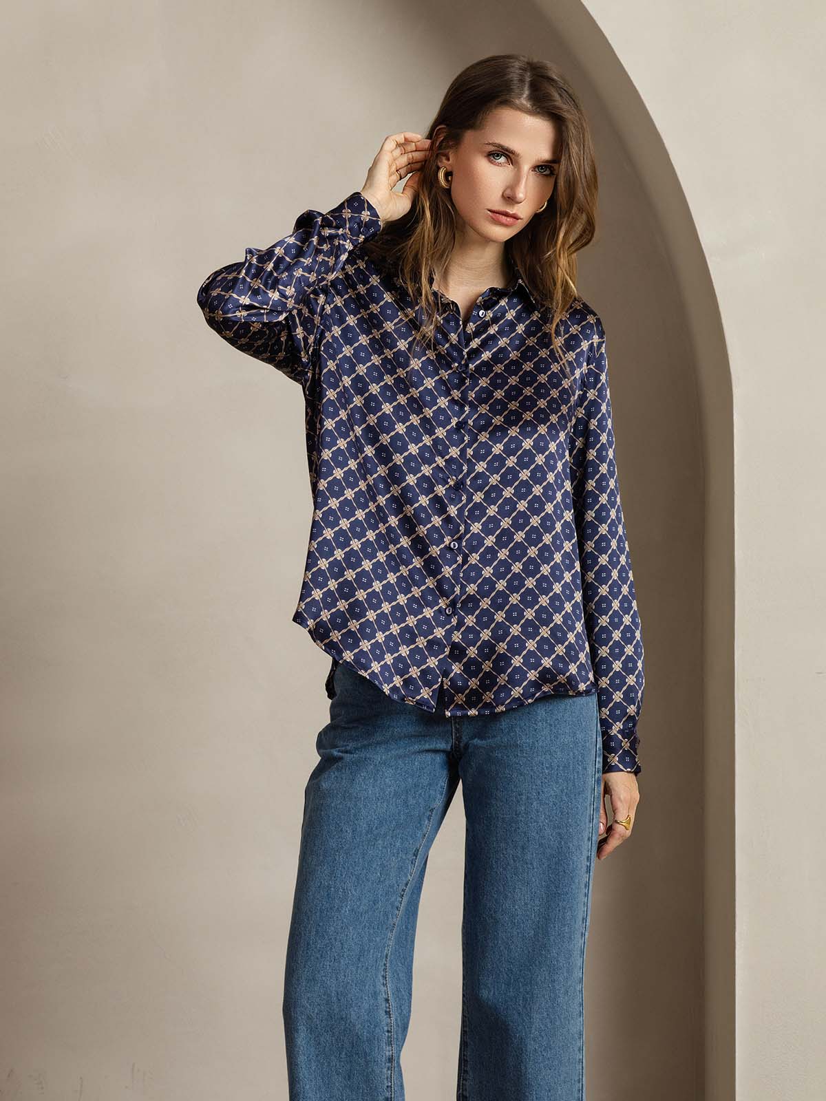 [Cadena Azul Marino] SilkSilky-ES Seda Manga larga Cuello Camisero Blusas de Mujer 005