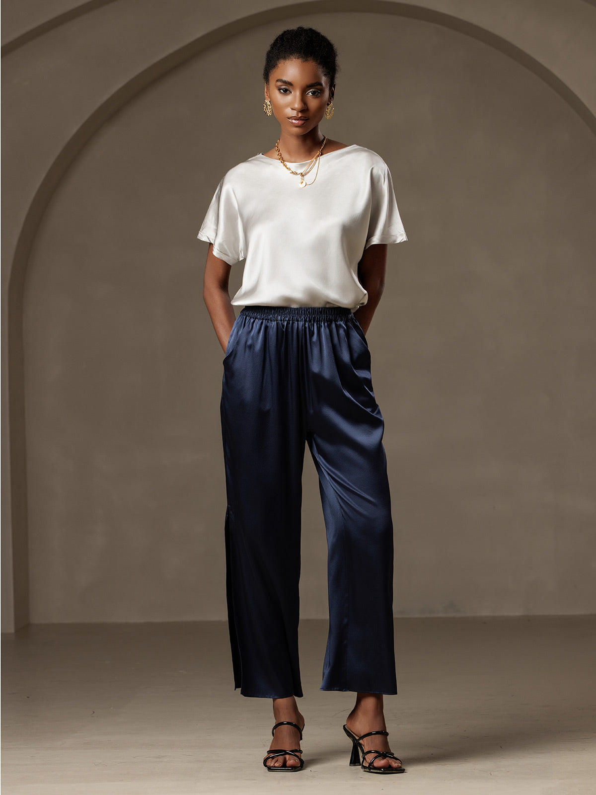 [Gris Claro] SilkSilky-ES 19Momme Seda Womens T-Shirt 006,