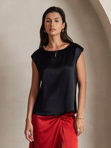 [Negro] SilkSilky-ES Cap Sleeve Round Neck Camisetas de Mujer 001