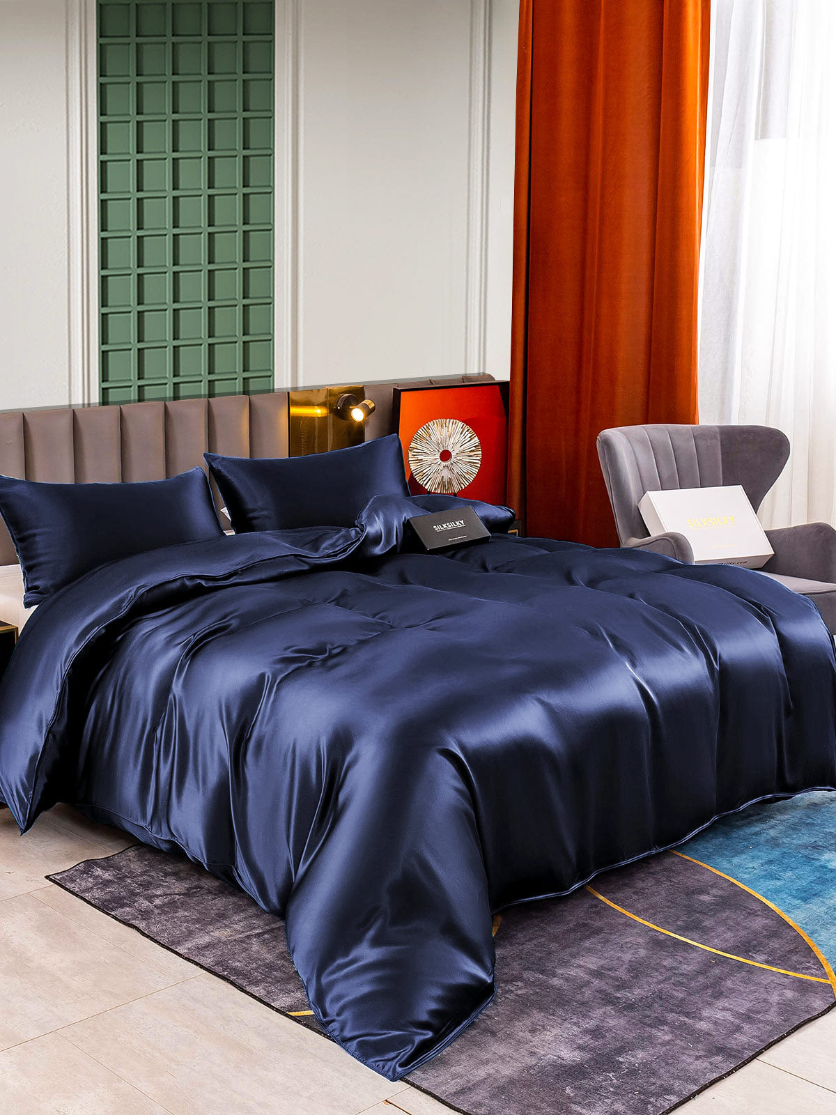 [Azul Oscuro] SilkSilky-ES 25Momme Seda Pura Bedding Set 001