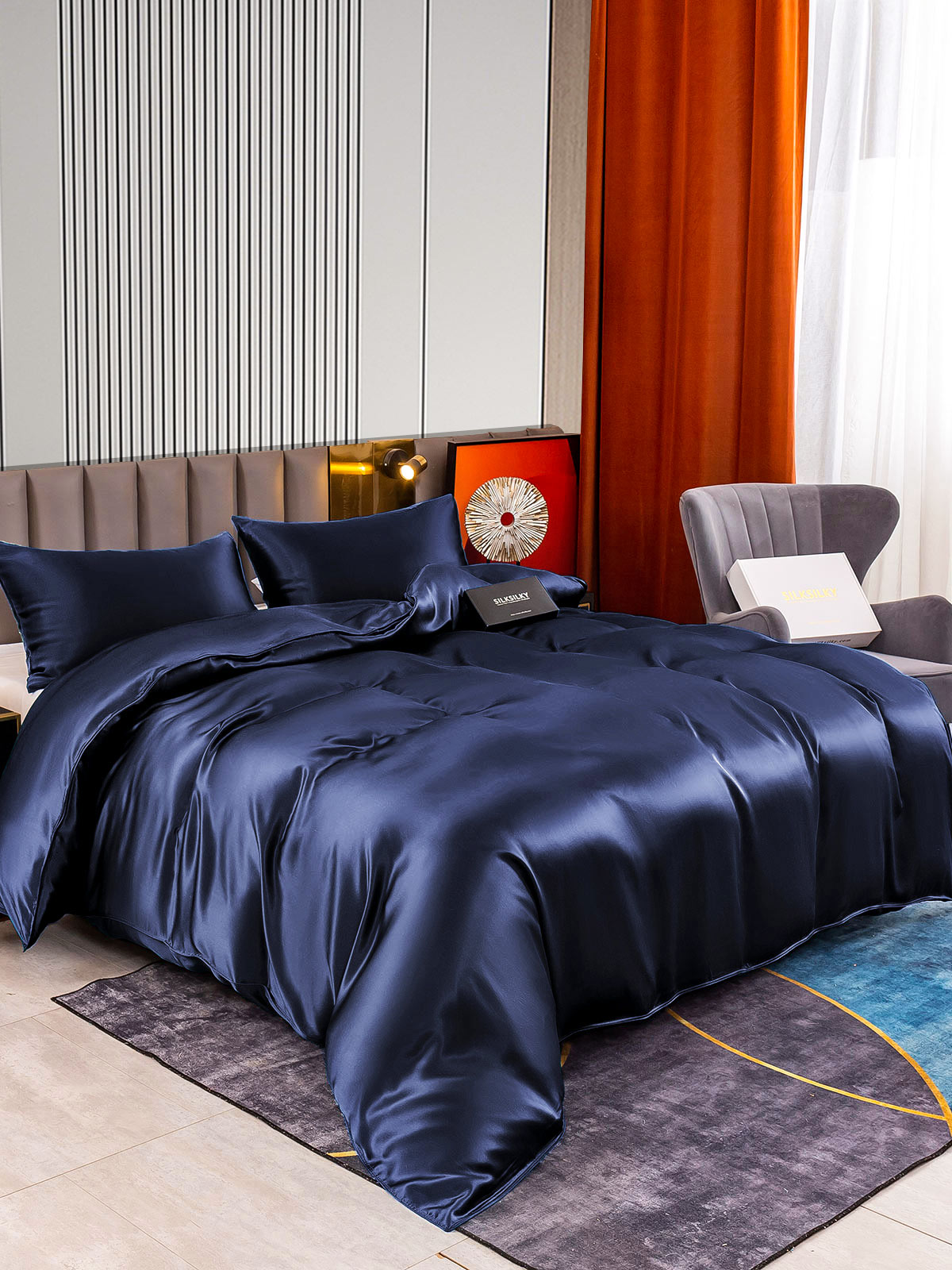 [Azul Oscuro] SilkSilky-ES 22Momme Seda Pura Bedding Set 002