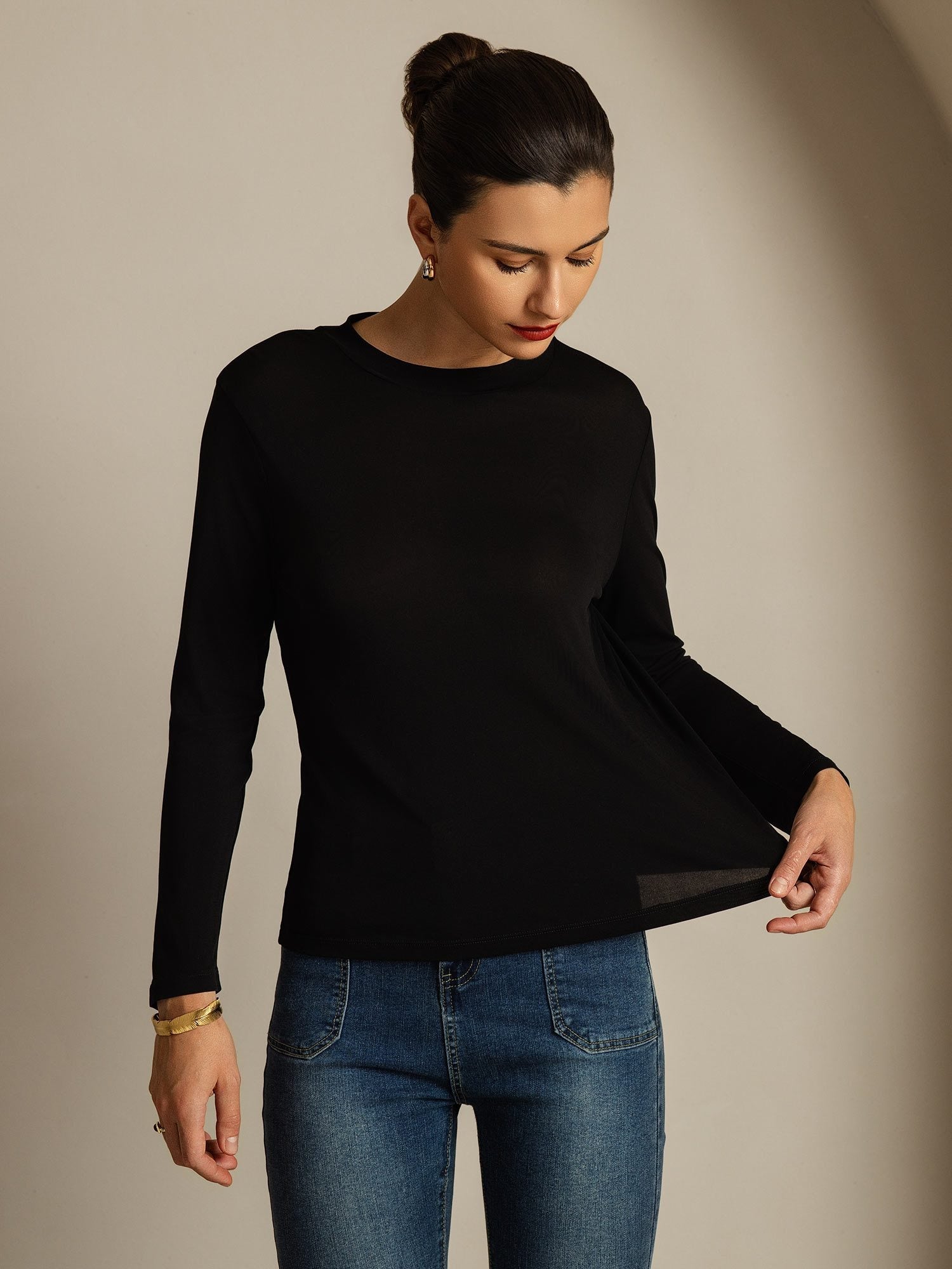 [Negro] SilkSilky-ES Seda Pura Womens T-Shirt 003