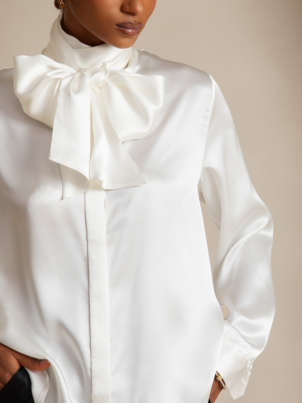 [Blanco] SilkSilky-ES 19Momme Seda Manga larga Corbata Blusas de Mujer 003