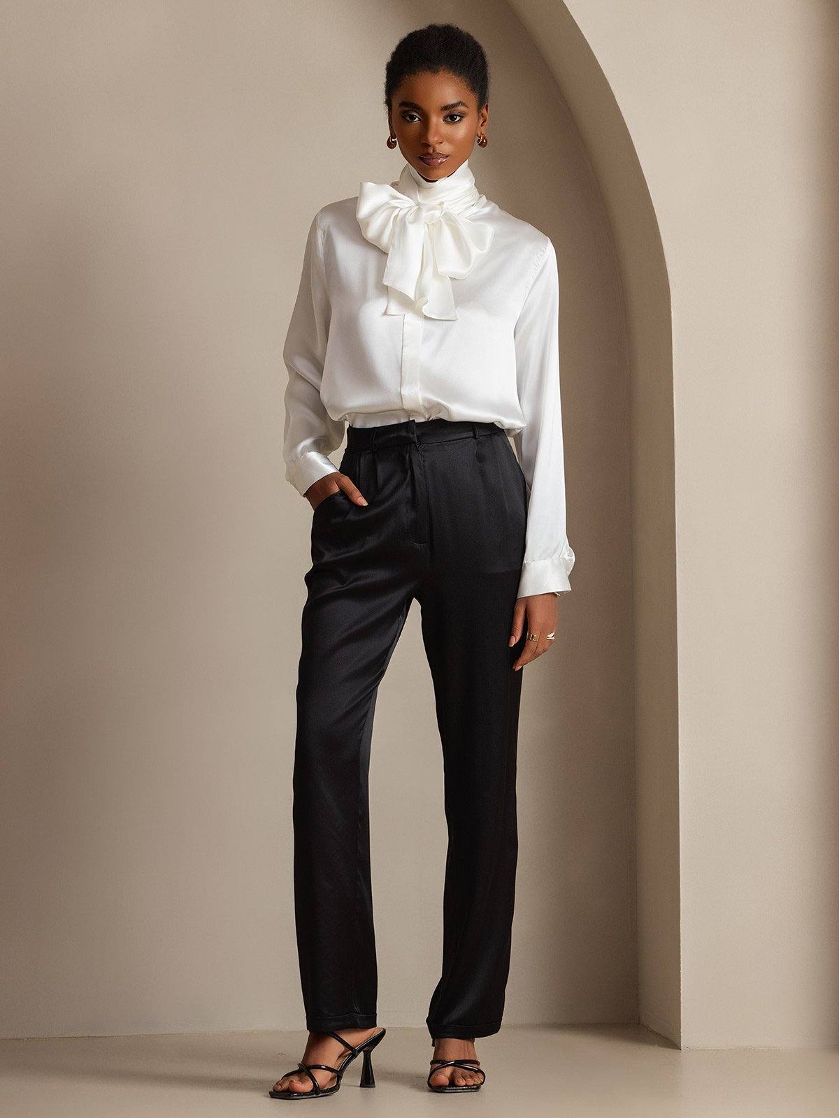 [Blanco] SilkSilky-ES 19Momme Seda Manga larga Corbata Blusas de Mujer 008