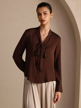 [Chocolate Negro] SilkSilky-ES Long Sleeve Tie Neck Blusas 003