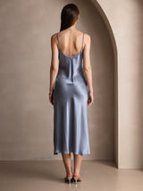 [Azul Grisáceo] SilkSilky-ES Spaghetti Strap V Neck Vestido 002