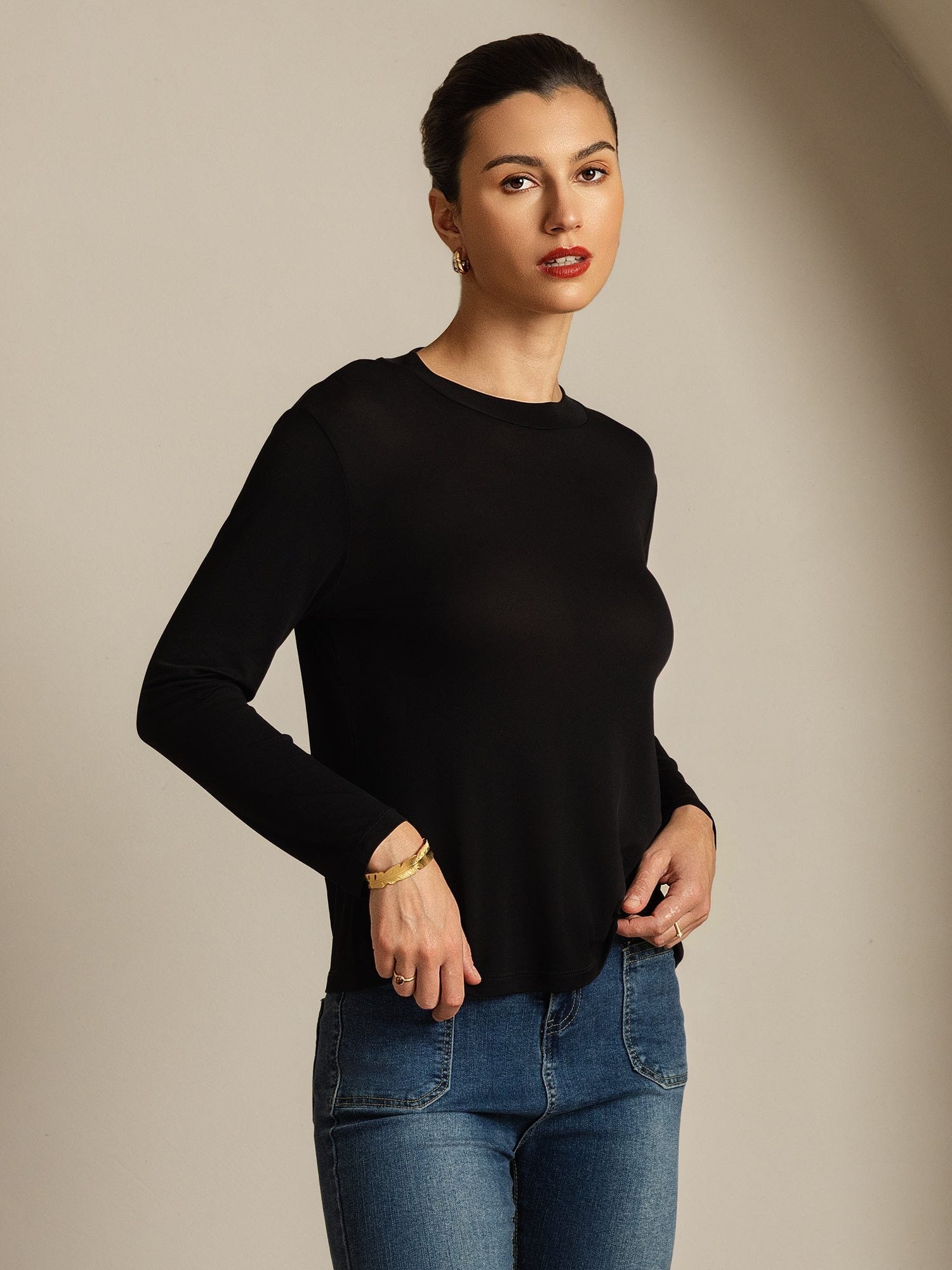 [Negro] SilkSilky-ES Seda Pura Womens T-Shirt 006